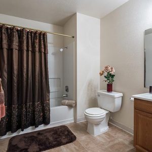 Model unit bathroom decorated in a modern style